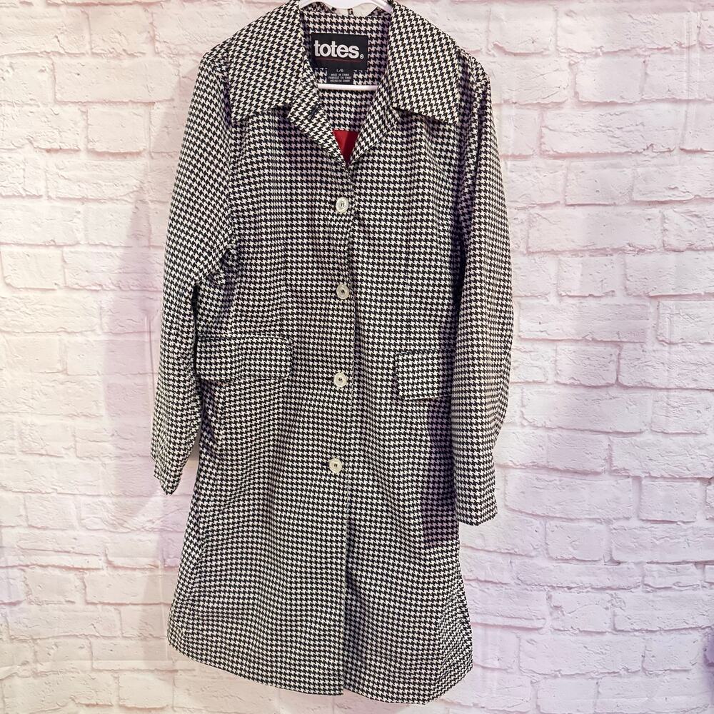 Totes Sz L Black/White Houndstooth raincoat rear belt pockets #business #goth